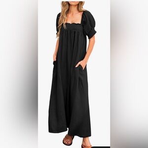Black Smocked Puff Sleeve Maxi Dress